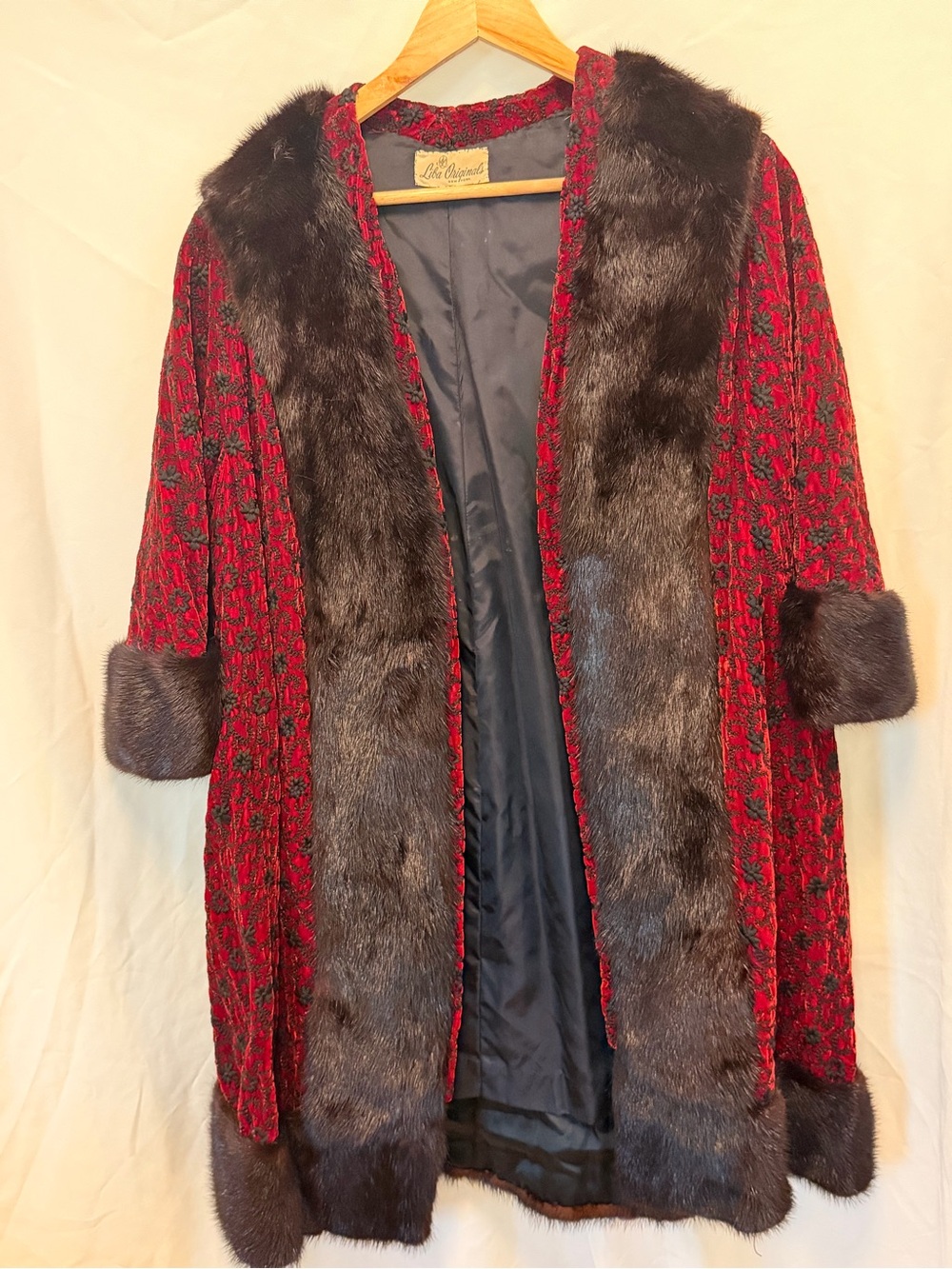 Vintage-Inspired Red & Black Faux Fur Trim Sweater Coat